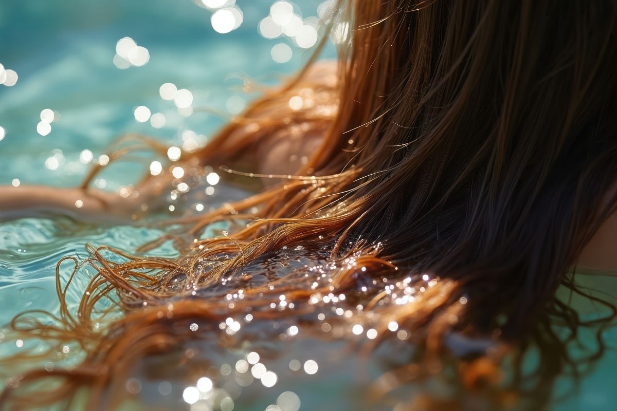 Woman with long wavy hair at the beach, illustrating the effects of sun, salt, and humidity on post-travel hair
