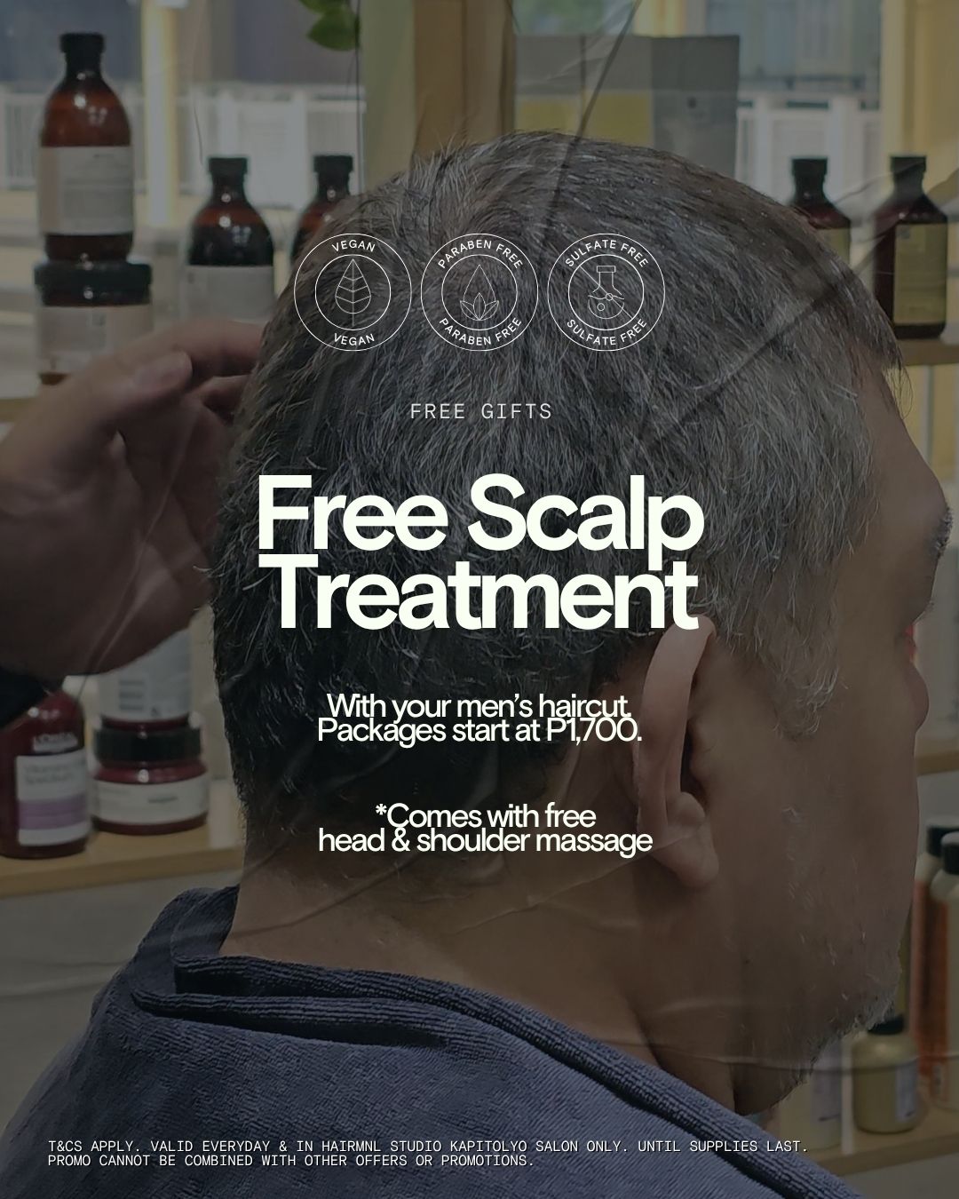 HairMNL Studio Kapitolyo free scalp treatment and head and shoulder massage with men’s haircut packages from ₱1,700. Book Now.