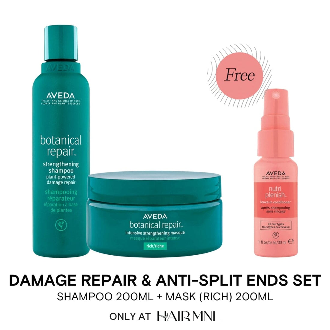 AVEDA Botanical Repair Ultimate Damaged Repair and Anti-Split Ends Set with FREE Nutriplenish Leave-In Conditioner 30ml - HairMNL