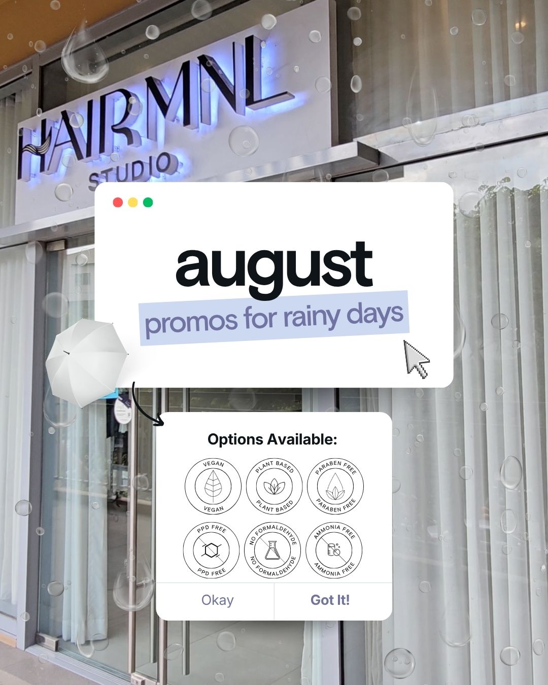 HairMNL Studio: August promos for rainy days featuring clean beauty options. Book your salon visit at HairMNL Studio.