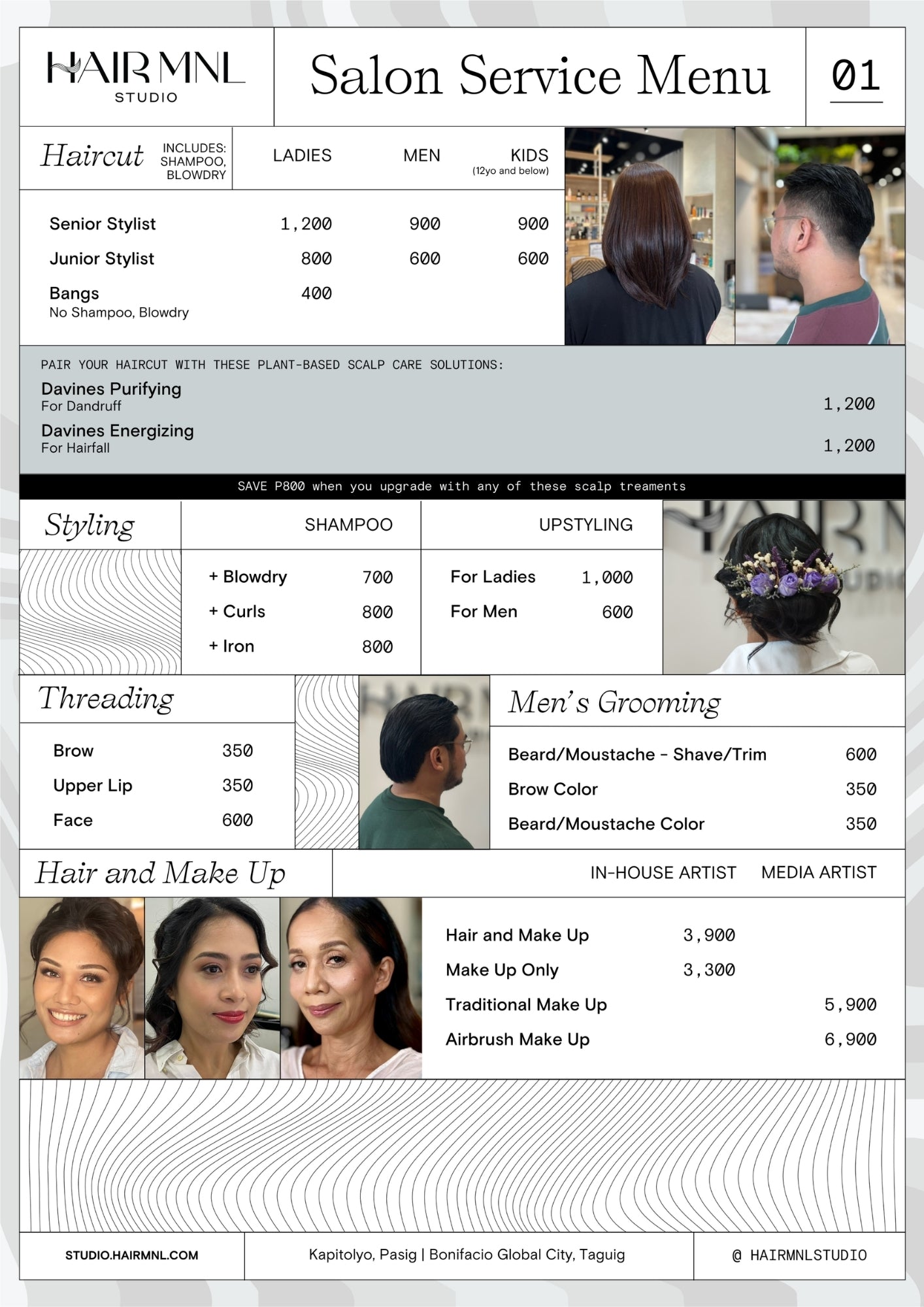 HairMNL Studio: Haircuts, styling, grooming, and makeup services featuring Davines scalp care solutions. Book now.