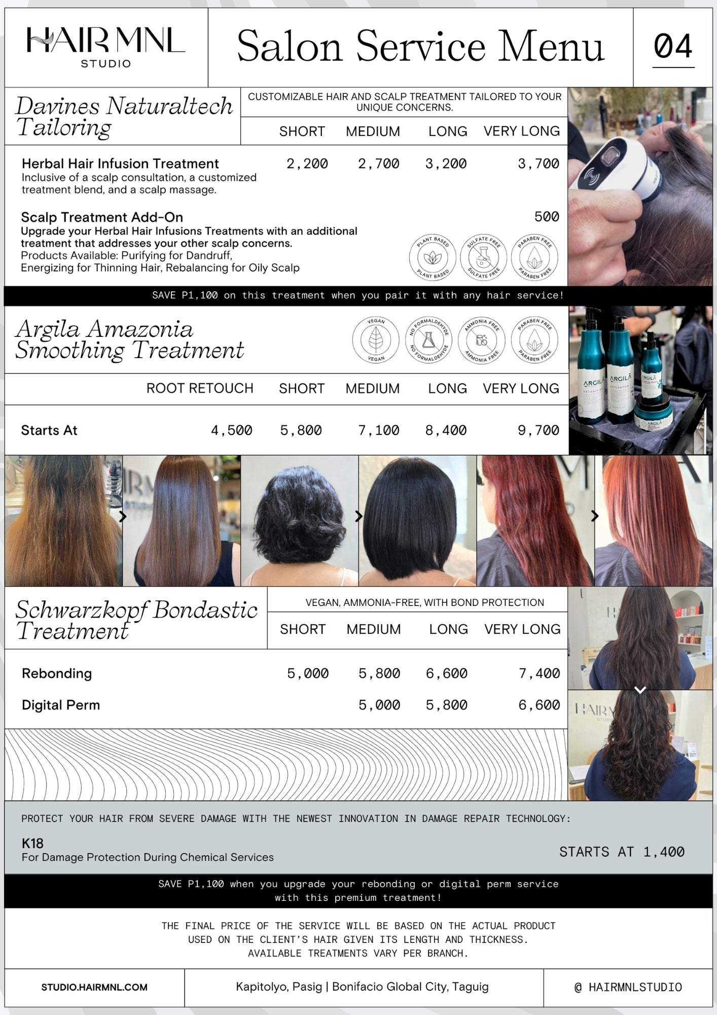 HairMNL Studio: Plant-based Davines Naturaltech tailoring, vegan Argila Amazonia keratin smoothing, and Schwarzkopf Bondastic rebonding with K18. Book now.