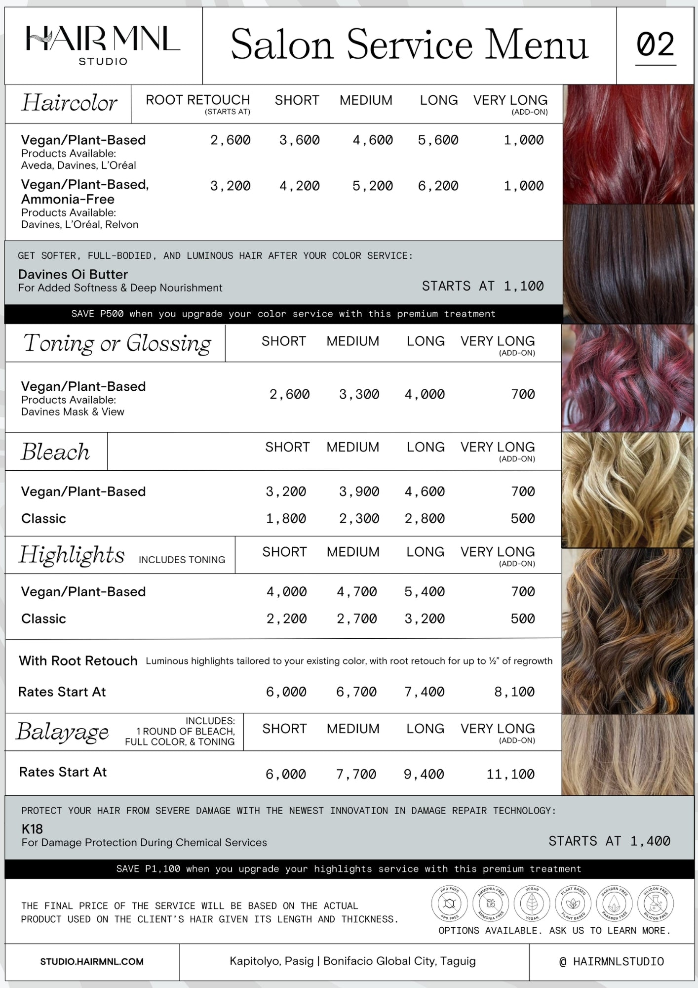 HairMNL Studio: Vegan, plant-based, and ammonia-free hair color, highlights, and balayage by Aveda, Davines, L'Oreal, and Revlon with K18 protection. Book now.