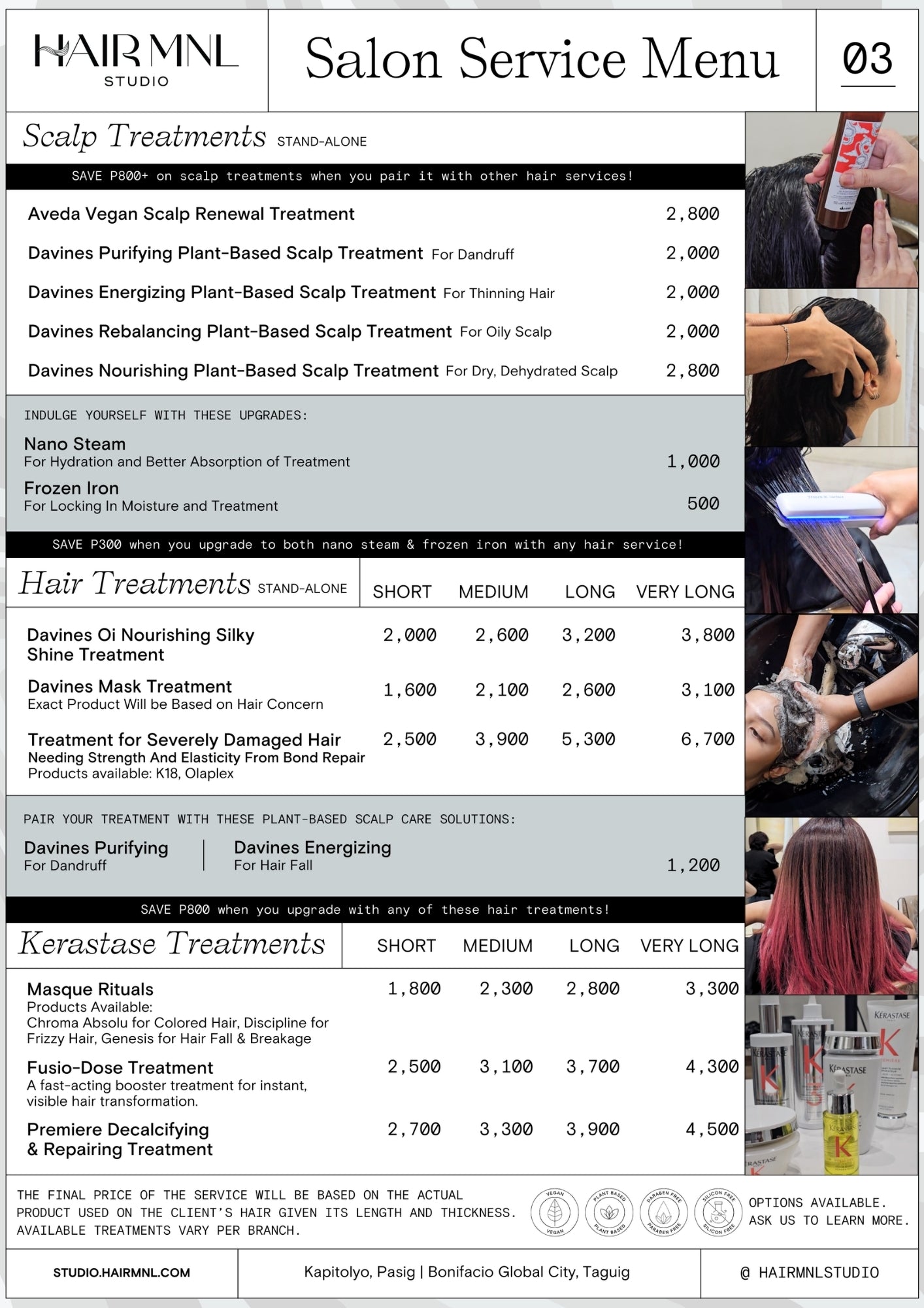 HairMNL Studio: Aveda vegan and Davines plant-based scalp treatments, Kerastase hair rituals, and K18 or Olaplex upgrades. Book now.