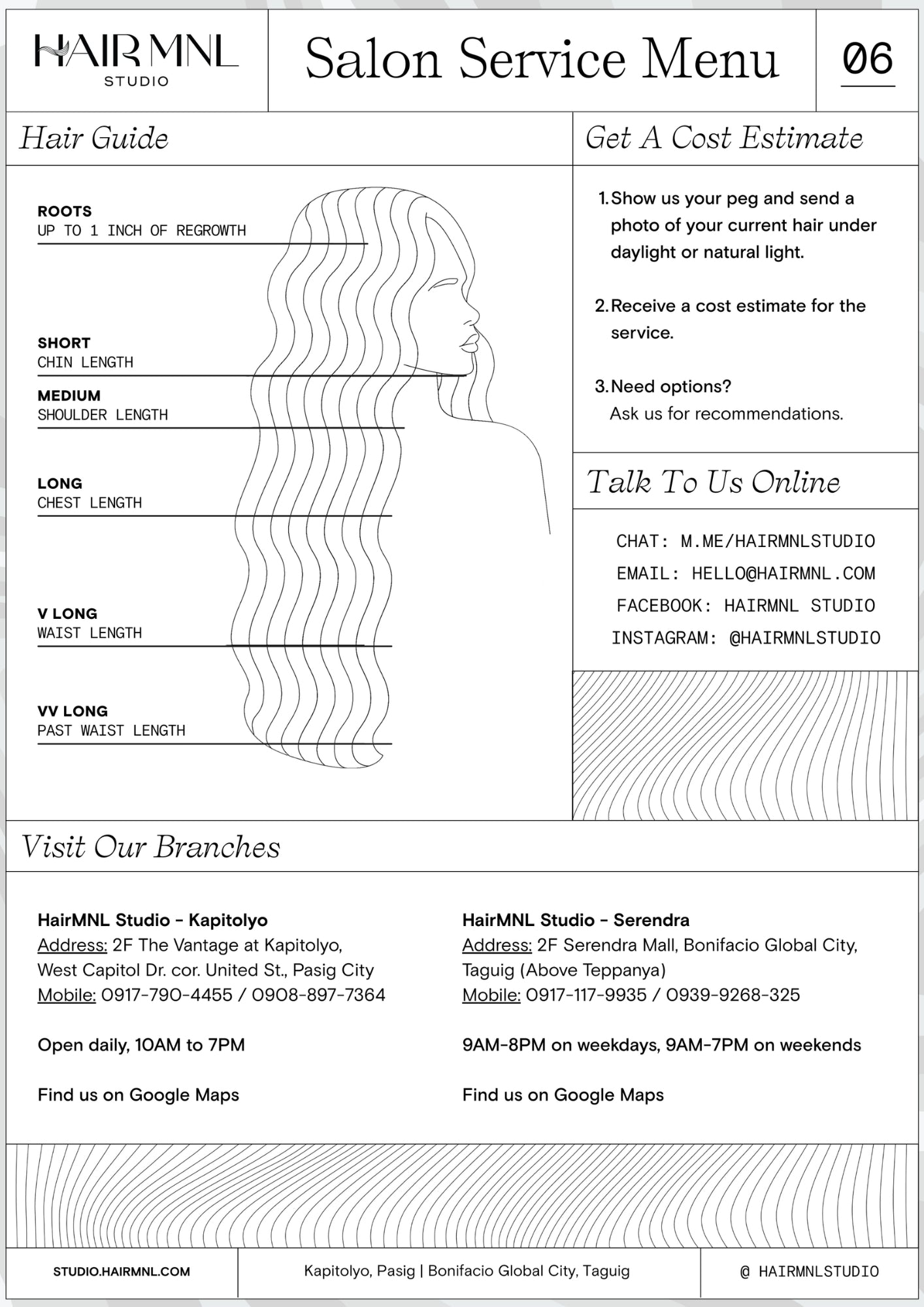 HairMNL Studio: Hair length measurement guide, custom price estimation steps, digital contact channels, and salon branch locations (Kapitolyo and Serendra). Book now.