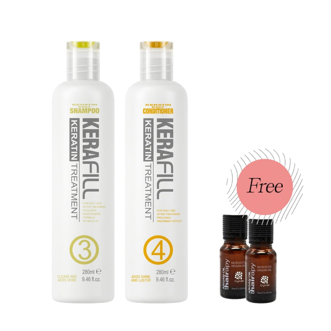 HairMNL Kerafill Kerafill Keratin Treatment Shampoo & Conditioner Duo (2) FREE Cynos Argan Oil 10ml + Shampoo 280ml + Conditioner 280ml 