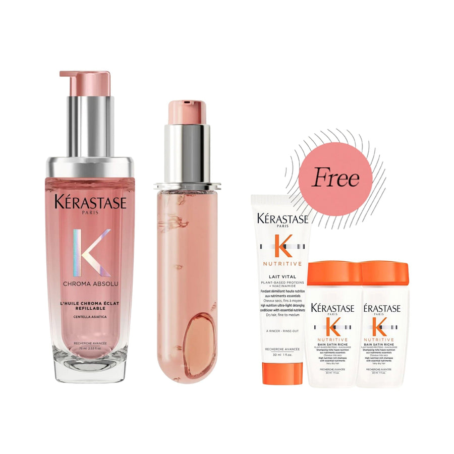 HairMNL KÉRASTASE Kérastase Chroma Absolu Radiance Hair Oil Refill Duo 75ml (2) FREE Nutritive Shampoo 30ml + (1) Conditioner 30ml + Refill Set 