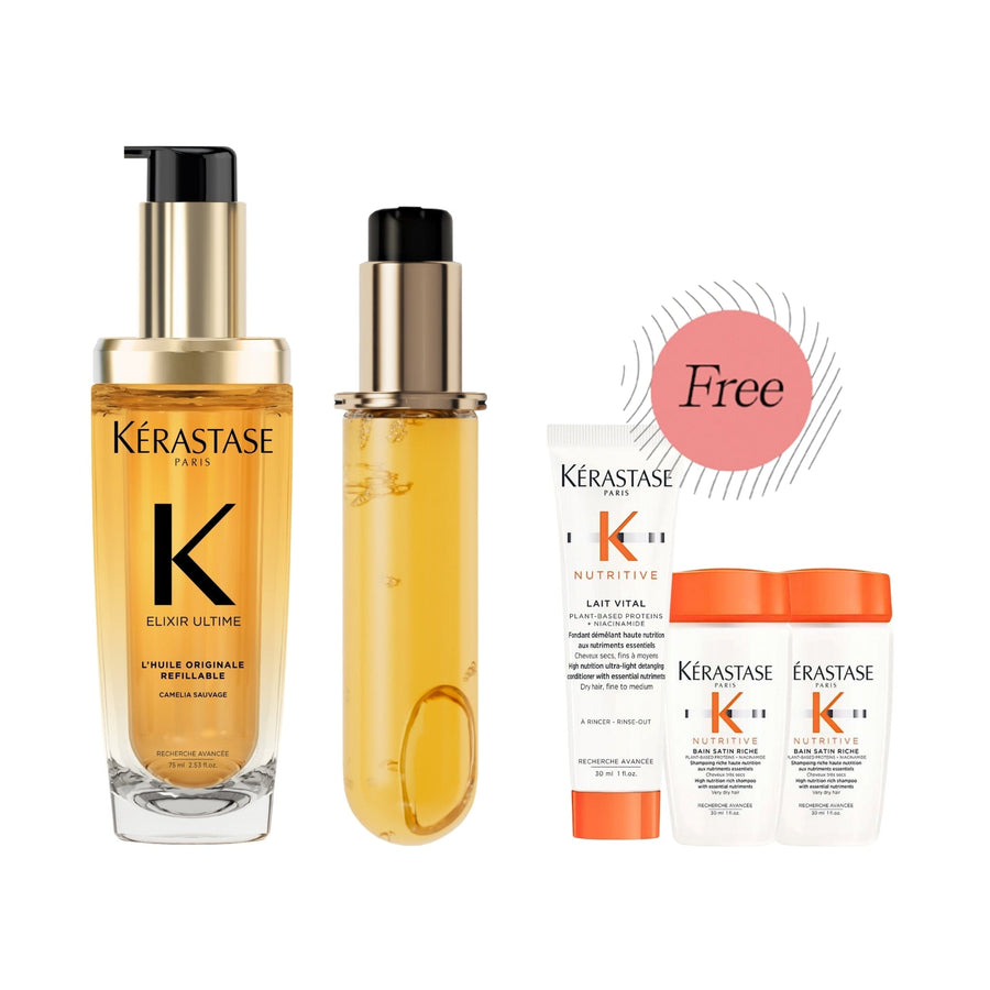 HairMNL KÉRASTASE Kérastase Elixir Ultime Original Hair Oil Refill Duo 75ml (2) FREE Nutritive Shampoo 30ml + (1) Conditioner 30ml + Refill Set 