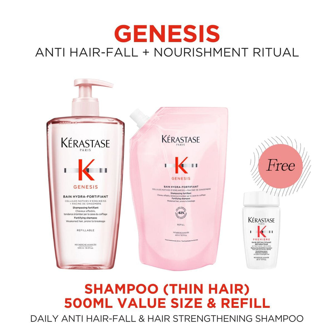 Kérastase Genesis Anti Hair-Fall Fortifying Shampoo for Thin Hair Refill Duo 500ml with Free Premiere Shampoo 30ml - HairMNL