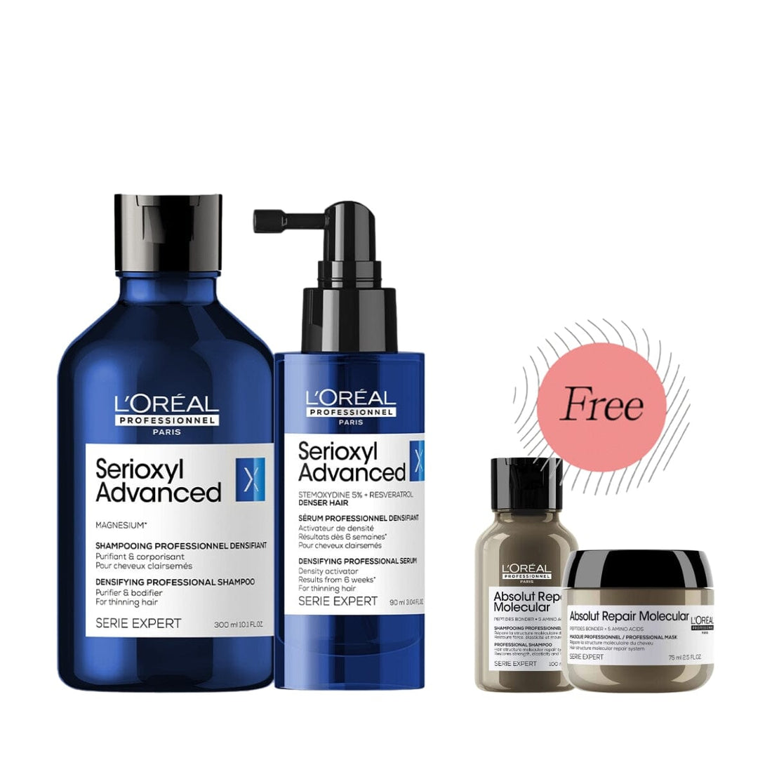 HairMNL L'Oréal Professionnel Serioxyl Advanced Denser Hair Shampoo & Serum Duo 300ml FREE Absolut Repair Molecular Shampoo 100ml & Masque 75ml