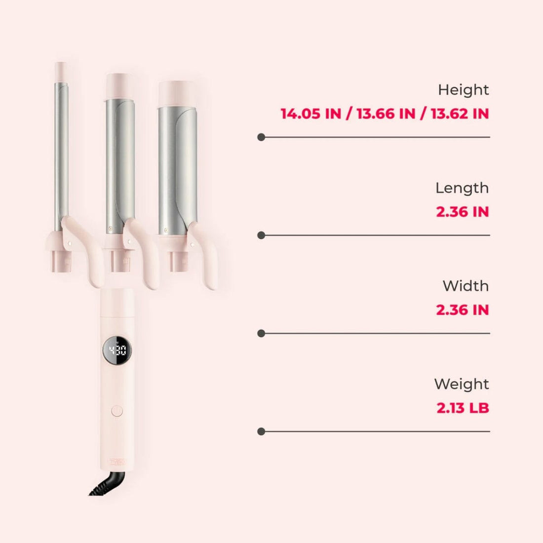 HairMNL TYMO Cues 3-in-1 Interchangeable Curling Iron Pink HC-502P Dimensions