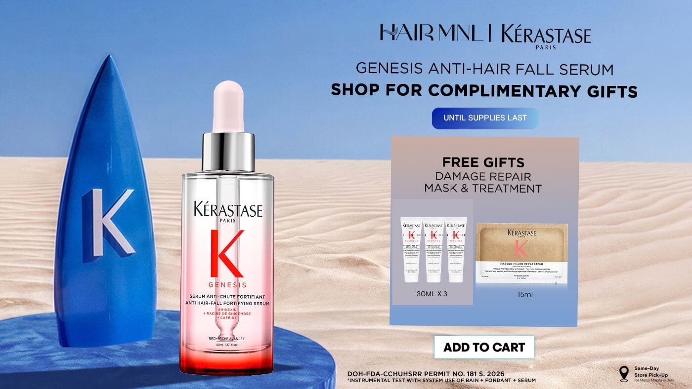 HairMNL x Kérastase. Shop the Genesis Anti-Hair Fall Serum to receive complimentary damage repair mask and treatment gifts while supplies last.