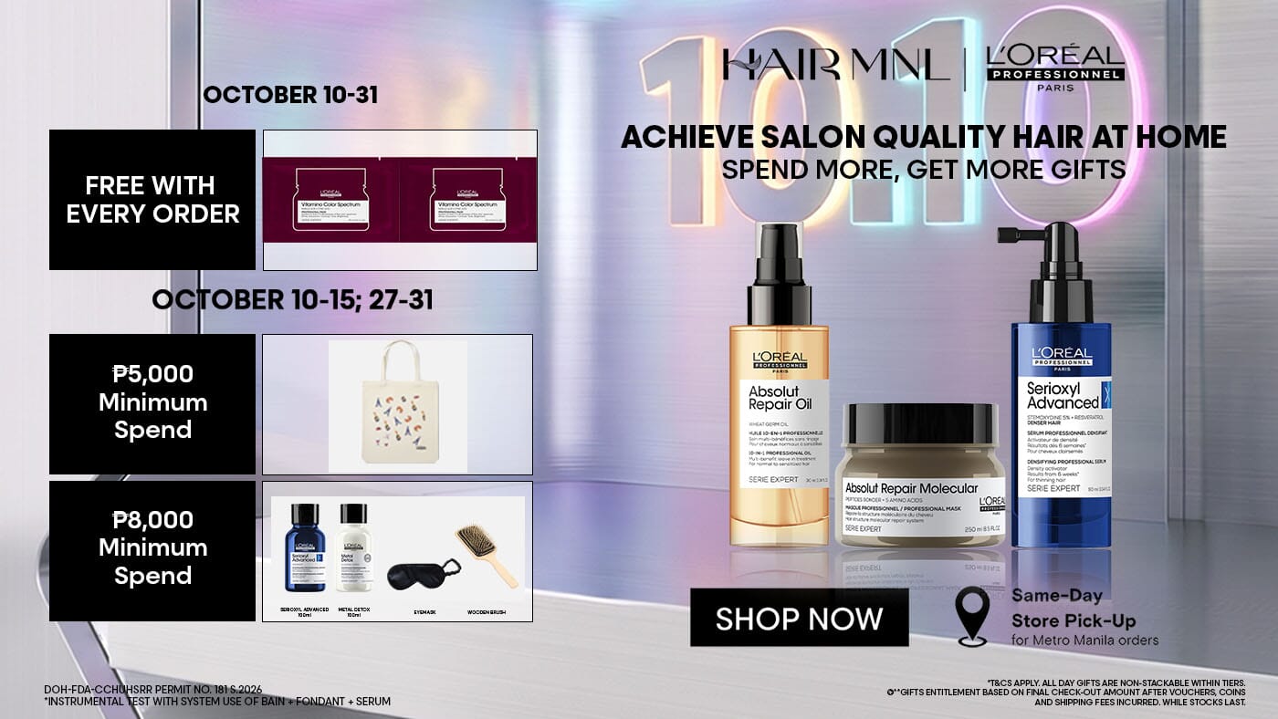 HairMNL L’Oréal Professionnel October promo. Free gifts with every order, plus upgraded gifts with minimum ₱5,000 and ₱8,000 spend. Shop now.